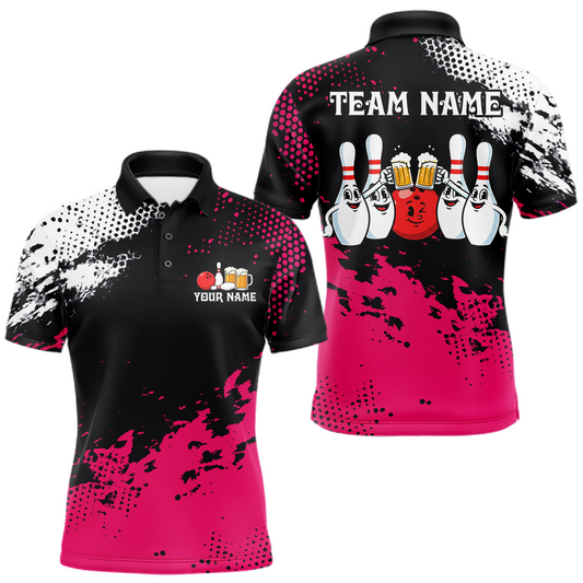 Pink Funny Beer Bowling Shirts for Team Women Men Bowling Polo&1/4 Zip Bowl League MBL254