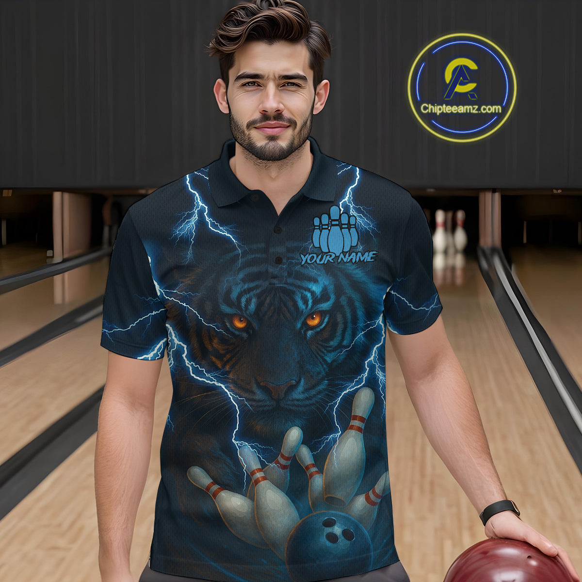 Tiger Bowling Shirts for Team Women Men Custom Blue Lightning Bowling Polo&1/4 Zip Shirt MBL182