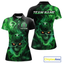 Load image into Gallery viewer, Front and back views of a black bowling polo shirt featuring a flaming skull with glowing orange eyes, green smoke effects, and custom “TEAM NAME” and “YOUR NAME” text.