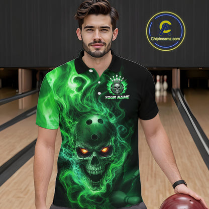 Man wearing a black bowling polo shirt featuring a flaming skull with glowing orange eyes, green smoke effects, and custom “YOUR NAME” text.