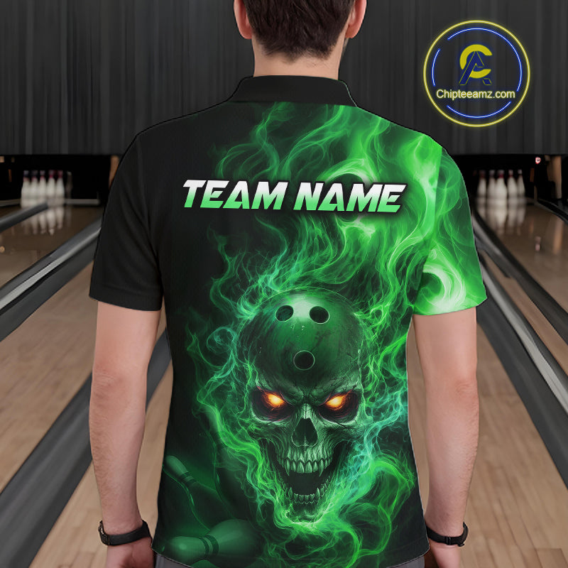 Man wearing a black bowling polo shirt featuring a flaming skull with glowing orange eyes, green smoke effects, and custom “TEAM NAME” text.