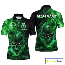 Load image into Gallery viewer, Front and back views of a black bowling polo shirt featuring a flaming skull with glowing orange eyes, green smoke effects, and custom “TEAM NAME” and “YOUR NAME” text.
