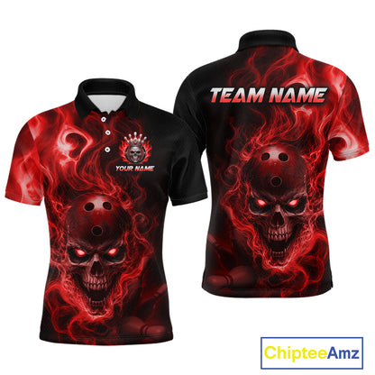 Front and back views of a black bowling polo shirt featuring a flaming skull with glowing red eyes, red smoke effects, and custom “TEAM NAME” and “YOUR NAME” text.