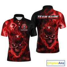Load image into Gallery viewer, Front and back views of a black bowling polo shirt featuring a flaming skull with glowing red eyes, red smoke effects, and custom “TEAM NAME” and “YOUR NAME” text.