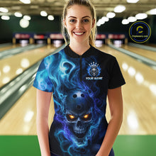 Load image into Gallery viewer, Woman wearing a black bowling quarter zip shirt featuring a flaming skull with glowing orange eyes, blue smoke effects, and custom “YOUR NAME” text.