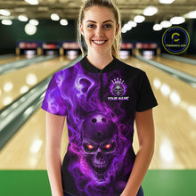 Load image into Gallery viewer, Woman wearing a black bowling quarter zip shirt featuring a flaming skull with glowing orange eyes, purple smoke effects, and custom “YOUR NAME” text