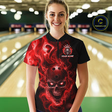 Load image into Gallery viewer, Woman wearing a black bowling quarter zip shirt featuring a flaming skull with glowing red eyes, red smoke effects, and custom “YOUR NAME” text
