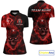 Load image into Gallery viewer, Front and back views of a black bowling quarter zip shirt featuring a flaming skull with glowing red eyes, red smoke effects, and custom “TEAM NAME” and “YOUR NAME” text.