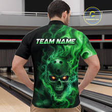 Load image into Gallery viewer, Man wearing a black bowling quarter zip shirt featuring a flaming skull with glowing orange eyes, green smoke effects, and custom “TEAM NAME” text.