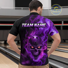 Load image into Gallery viewer, Man wearing a black bowling quarter zip shirt featuring a flaming skull with glowing orange eyes, purple smoke effects, and custom “TEAM NAME” text.