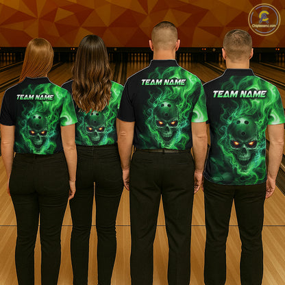Four people wearing matching green and black shirts with a skull design on a bowling alley.