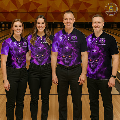 Four people wearing matching purple and black shirts with a skull design on a bowling alley.