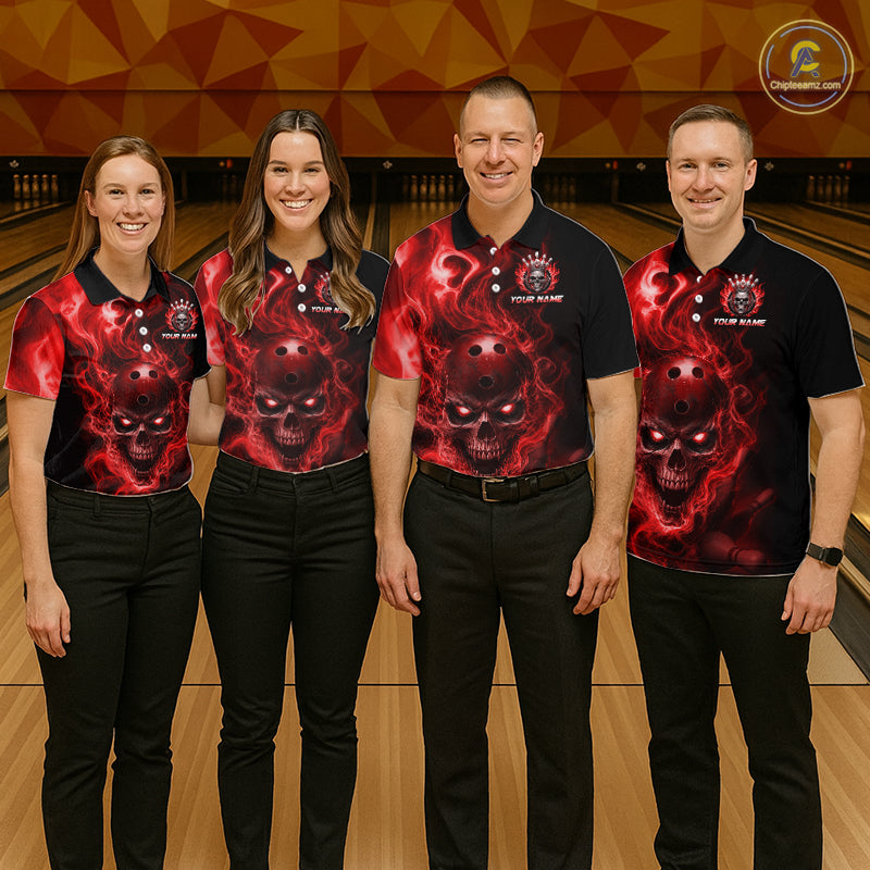 Four people wearing a black bowling quarter zip shirt featuring a flaming skull with glowing red eyes, red smoke effects, and custom “YOUR NAME” text.