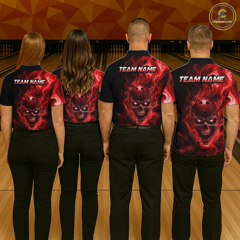 Four people wearing a black bowling polo shirt featuring a flaming skull with glowing red eyes, red smoke effects, and custom “TEAM NAME” text