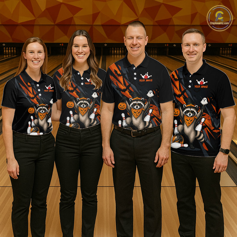 Four people wearing black Halloween bowling polo featuring a raccoon wearing an orange bandana, ghost and pumpkin accents, bowling pins and ball, with personalized name and team name text.
