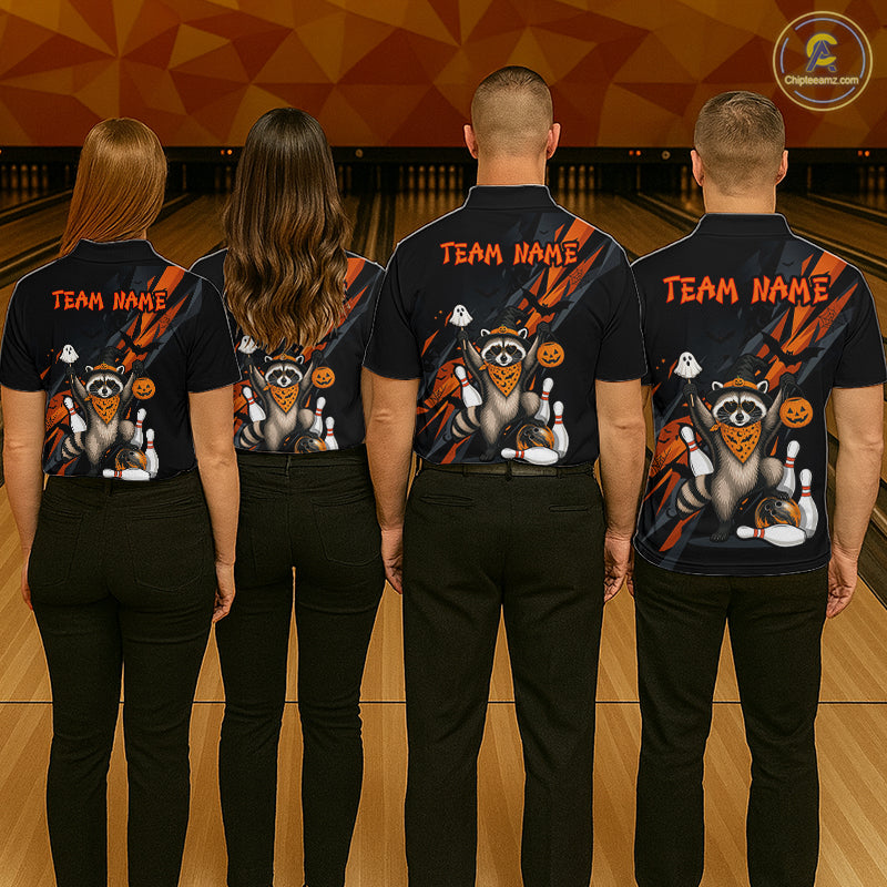 Four people wearing black Halloween bowling polo featuring a raccoon wearing an orange bandana, ghost and pumpkin accents, bowling pins and ball, with personalized name and team name text.