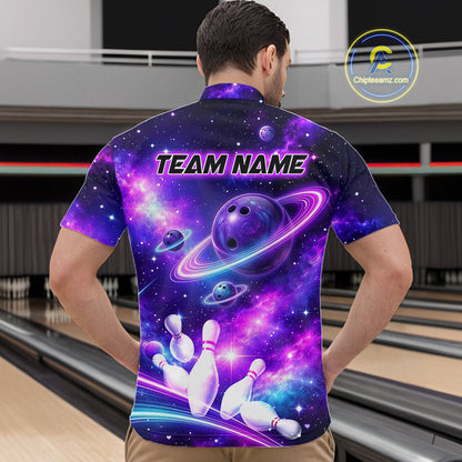Man wearing a purple galaxy bowling quarter zip with ringed planet bowling balls, white pins, and custom team name text.