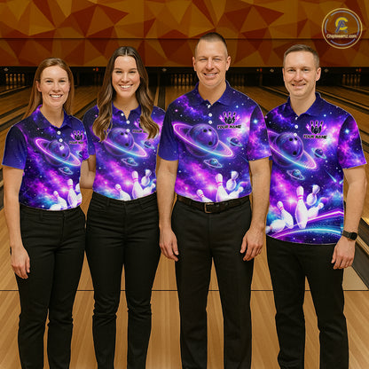 Four people wearing a purple galaxy bowling polo with ringed planet bowling balls, white pins, and custom team and player name text.