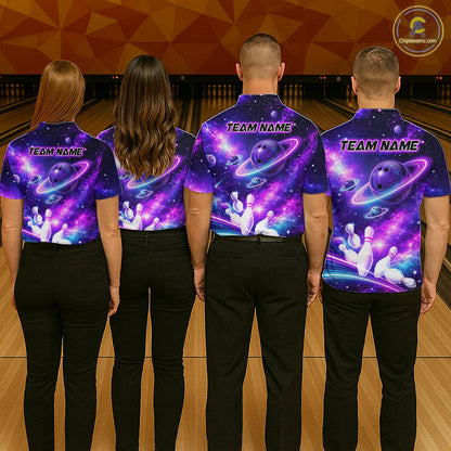 Four people wearing a purple galaxy bowling polo with ringed planet bowling balls, white pins, and custom team and player name text.