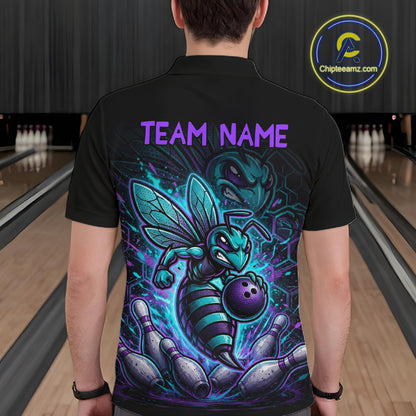 Man wearing a black bowling polo with teal and purple bee graphics, custom team text, bowling pins, and a purple bowling ball.