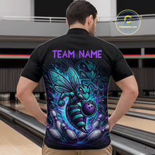 Load image into Gallery viewer, Person wearing a black bowling quarter zip with teal and purple bee graphics, custom team text, bowling pins, and a purple bowling ball.