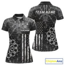 Load image into Gallery viewer, Front and back darts polo shirt featuring dartboard graphics blended with a american flag flag pattern on a black gray background.