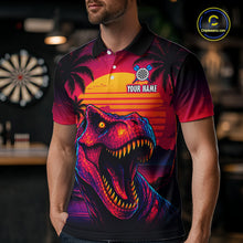 Load image into Gallery viewer, Man wearing darts polo shirt featuring a dinosaur holding a dartboard with sunset and palm tree artwork on a colorful background