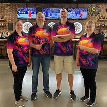 Load image into Gallery viewer, Four people wearing darts polo shirt featuring a dinosaur holding a dartboard with sunset and palm tree artwork on a colorful background