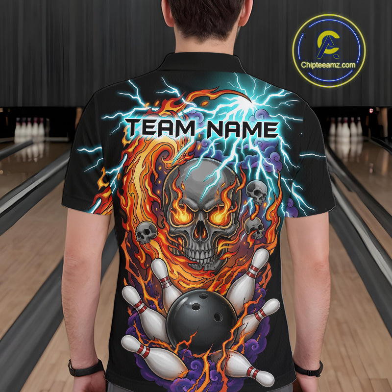 Man wearing a black bowling polo featuring a flaming skull graphic, lightning effects, bowling pins, and a black bowling ball, with custom team name text.