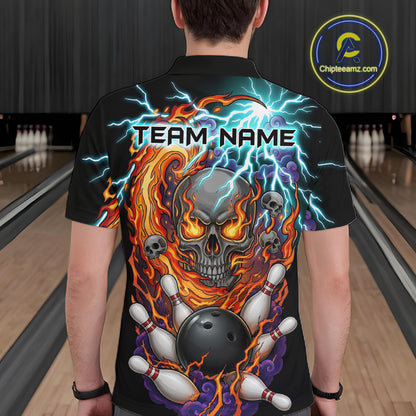 Man wearing a black bowling polo featuring a flaming skull graphic, lightning effects, bowling pins, and a black bowling ball, with custom team name text.