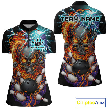 Front and back views of a black bowling quarter zip featuring a flaming skull graphic, lightning effects, bowling pins, and a black bowling ball, with custom team and player name text.