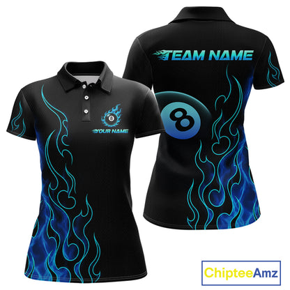 Front and back billiards polo shirt featuring an eight ball design surrounded by flowing blue flame graphics on a black background.
