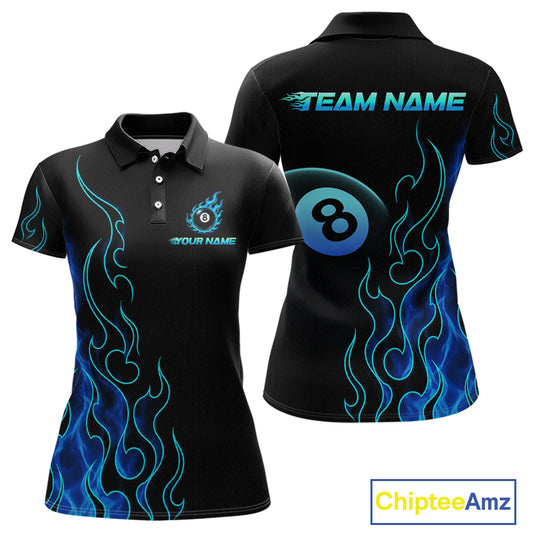 Front and back billiards polo shirt featuring an eight ball design surrounded by flowing blue flame graphics on a black background.