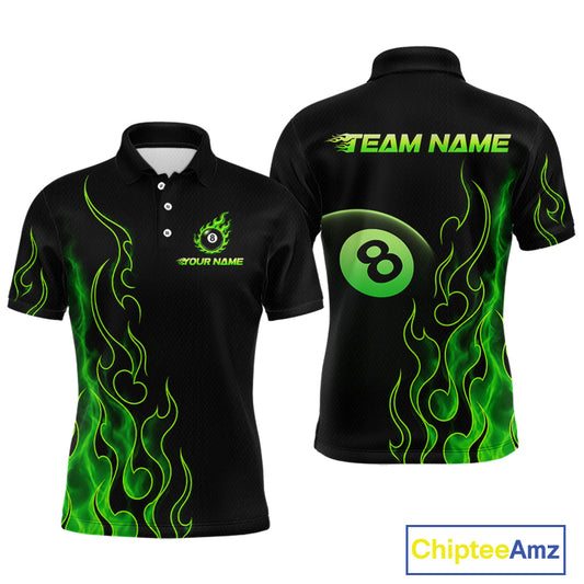 Front and back billiards polo shirt featuring an eight ball design surrounded by flowing green flame graphics on a black background.