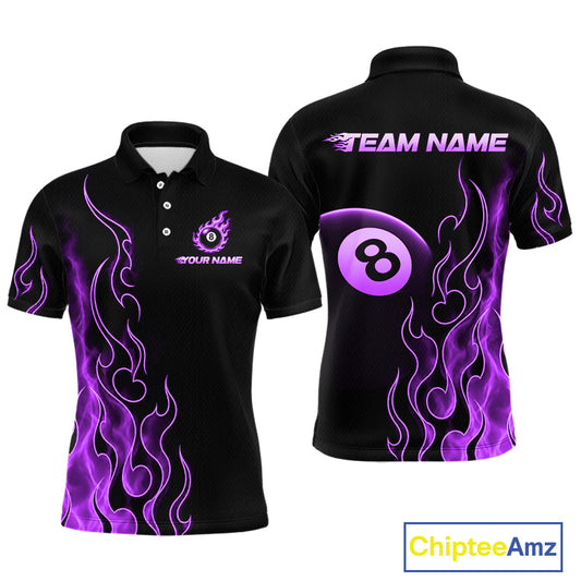 Front and back billiards polo shirt featuring an eight ball design surrounded by flowing purple flame graphics on a black background.