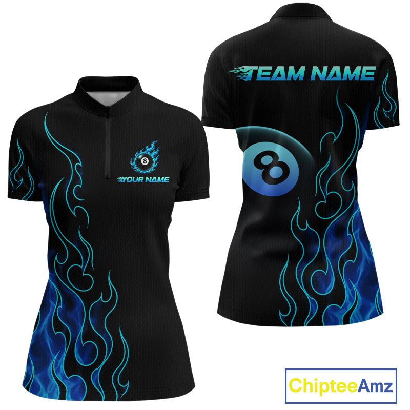 Front and back billiards quarter zip shirt featuring an eight ball design surrounded by flowing blue flame graphics on a black background.