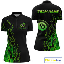 Load image into Gallery viewer, Front and back billiards quarter zip shirt featuring an eight ball design surrounded by flowing green flame graphics on a black background.