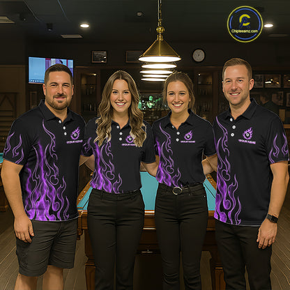 Four people wearing billiards polo shirt featuring an eight ball design surrounded by flowing purple flame graphics on a black background.