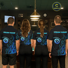 Load image into Gallery viewer, Four people wearing billiards polo shirt featuring an eight ball design surrounded by flowing blue flame graphics on a black background.