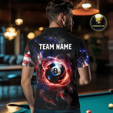 Load image into Gallery viewer, Men wearing personalized billiards polo shirt with an eight ball design connected by american flag smoke patterns across a black layout.