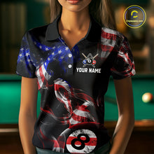 Load image into Gallery viewer, Women wearing personalized billiards polo shirt with an eight ball design connected by american flag smoke patterns across a black layout.