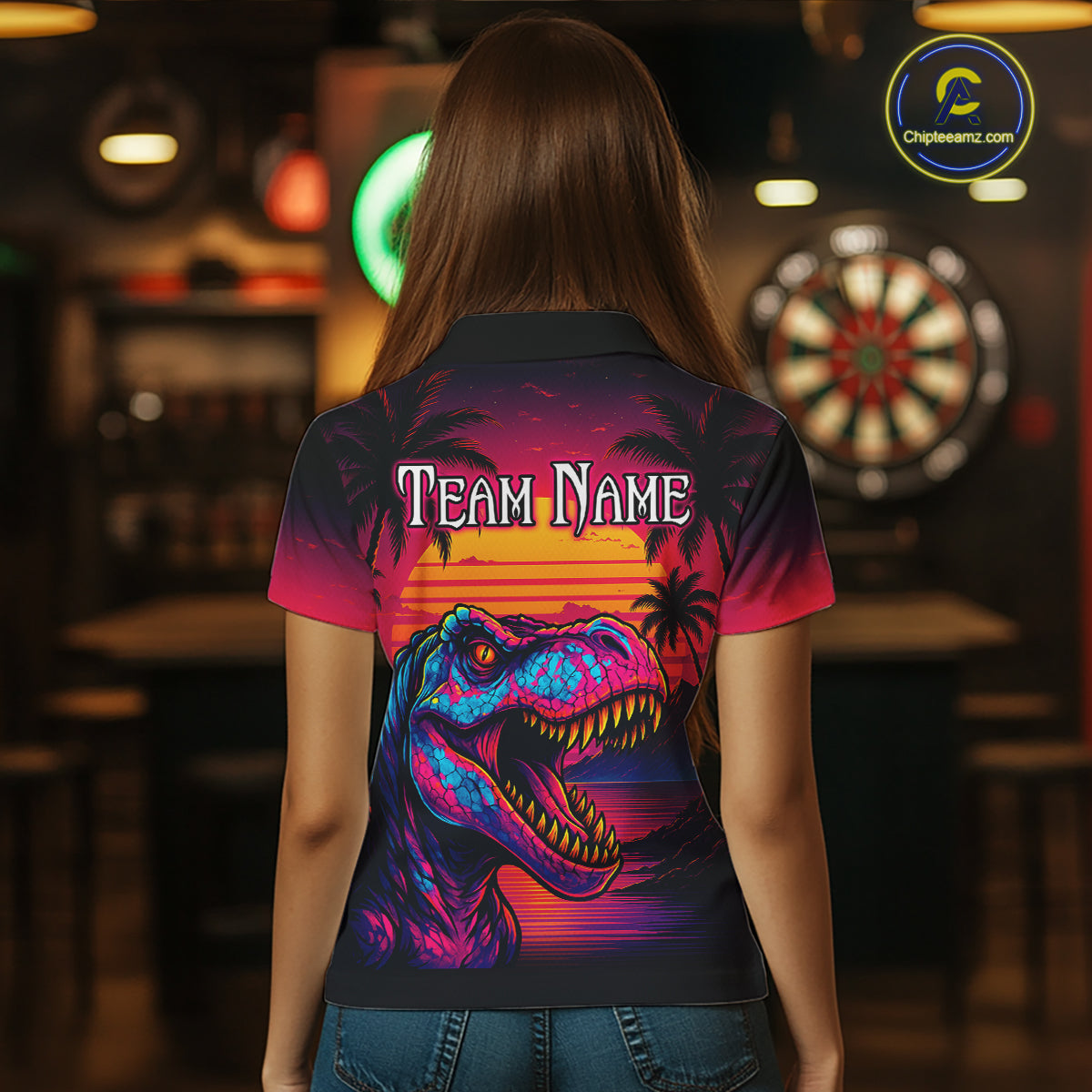 Custom Neon Dinosaur Dart Shirts For Women Dart Board Gifts Darts Team Jerseys Dart League NNT161