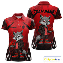 Load image into Gallery viewer, Front and back views of a red and black bowling polo shirt featuring a gray wolf mascot holding a red bowling ball, with custom team and player name text.