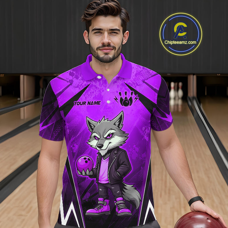 Man wearing a purple and black bowling polo shirt featuring a gray wolf mascot holding a purple bowling ball, with custom player name text.