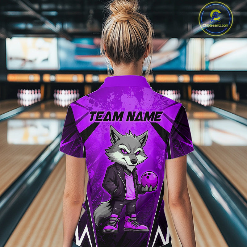 Woman wearing a purple and black bowling quarter zip shirt featuring a gray wolf mascot holding a purple bowling ball, with custom team name text.