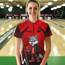 Load image into Gallery viewer, Woman wearing a red and black bowling quarter zip shirt featuring a gray wolf mascot holding a red bowling ball, with custom player name text.