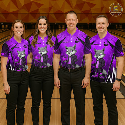 Four people wearing purple and black bowling polo shirt featuring a gray wolf mascot holding a purple bowling ball, with custom your name text.