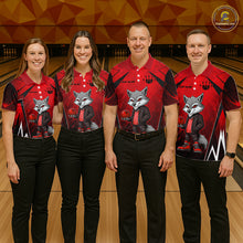 Load image into Gallery viewer, Four people wearing a red and black bowling quarter zip shirt featuring a gray wolf mascot holding a red bowling ball, with custom player name text.
