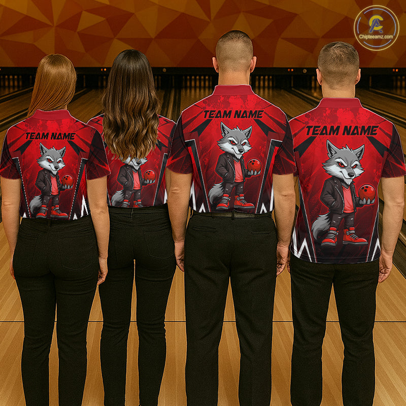 Four people wearing red and black bowling polo shirt featuring a gray wolf mascot holding a red bowling ball, with custom team name text.