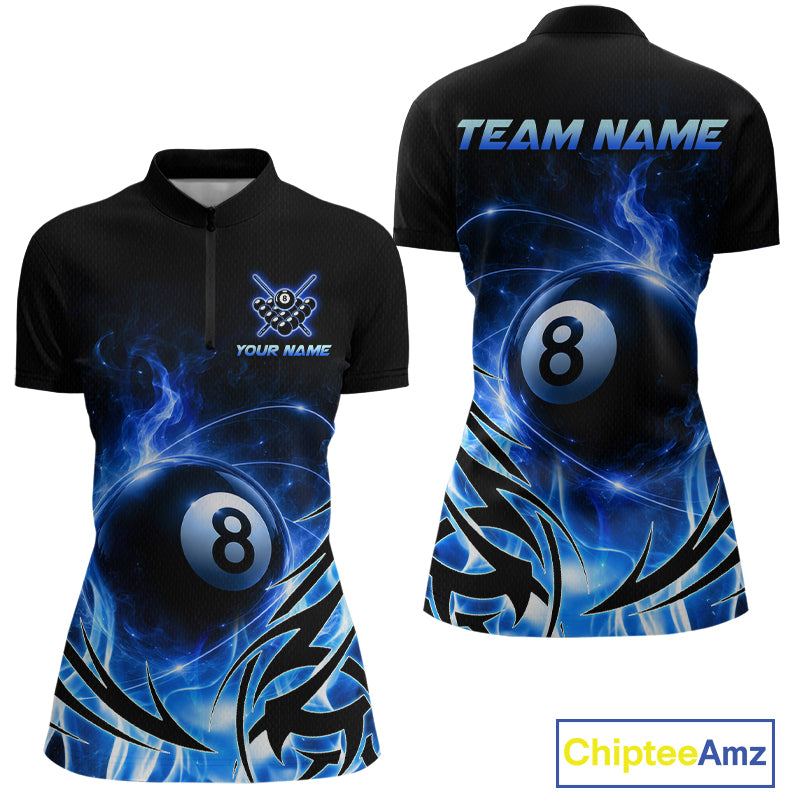 Custom Blue Flame 8 Ball Billiard Shirts for Women Billiard Team Jerseys Billiard League NNT282